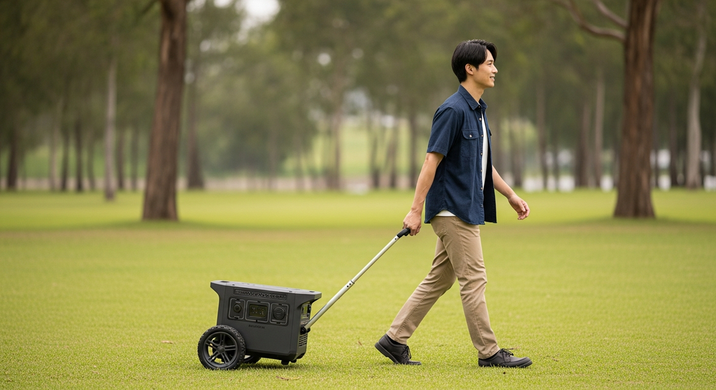 Person pulling power station on wheels