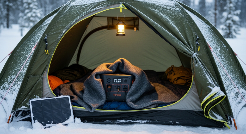 Power station wrapped in blanket in snow tent
