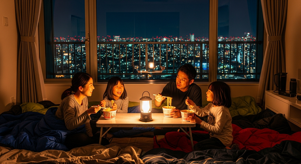 タワマンのリビングでランタンを囲みカップ麺をすする家族。窓の外は暗い。