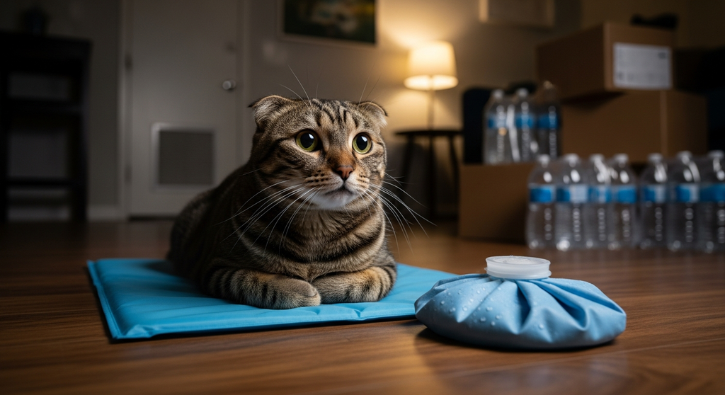 保冷マットの上でぐったりする猫と、積まれた水の箱。