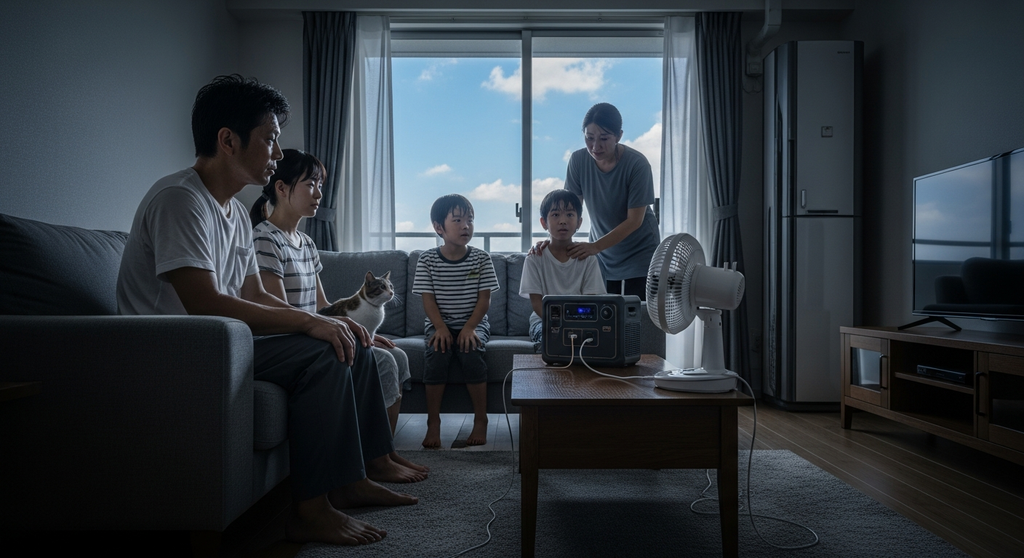 停電したタワマンのリビングで、ポータブル電源に繋いだ扇風機の風にあたる家族と猫